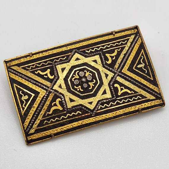 Antique Toledo Damascene Rectangular Brooch Pin, Trom… Gem