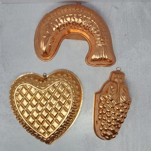 Set of 3 Vintage Copper Gelatin Molds Heart, Fish & Grapes Old Dutch Jello Cake Mold Hanging Wall Decor, Kitchen Decor