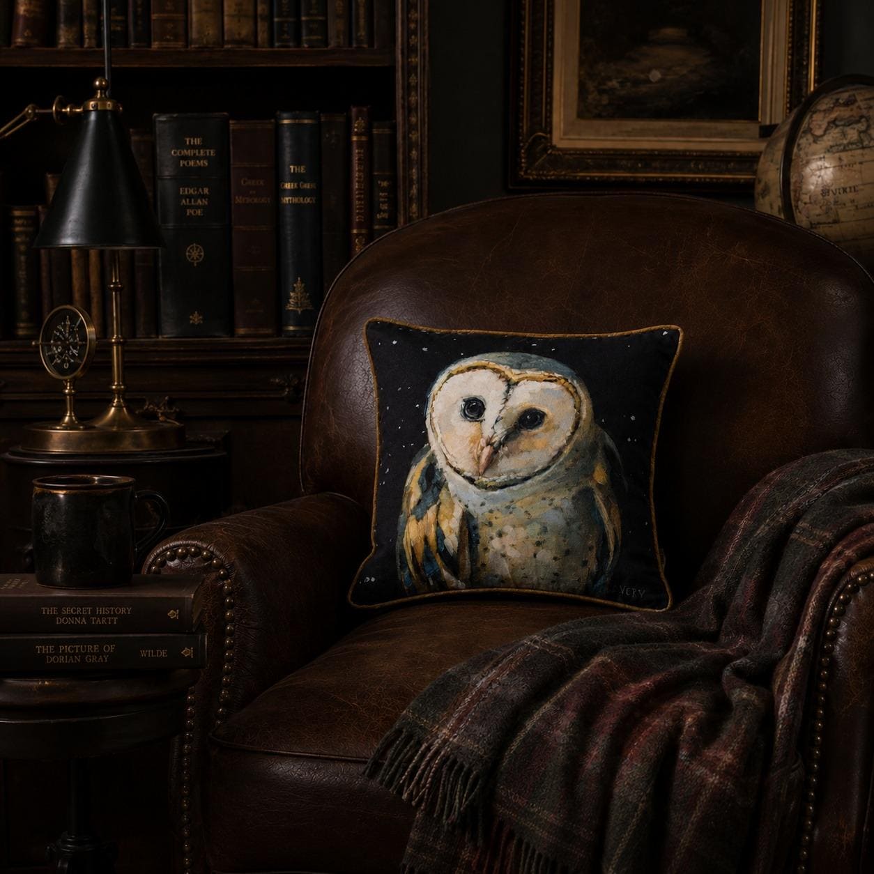 New Unused Barn Owl Velvet Throw Pillow Dark Academia Decor Library Dark Cottage