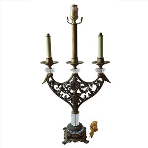 Vintage JOHN RICHARD Candlestick Brass & Crystal Bouillotte Desk Table Lamp 26&quot;