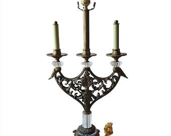 Vintage JOHN RICHARD Candlestick Brass & Crystal Bouillotte Desk Table Lamp 26"