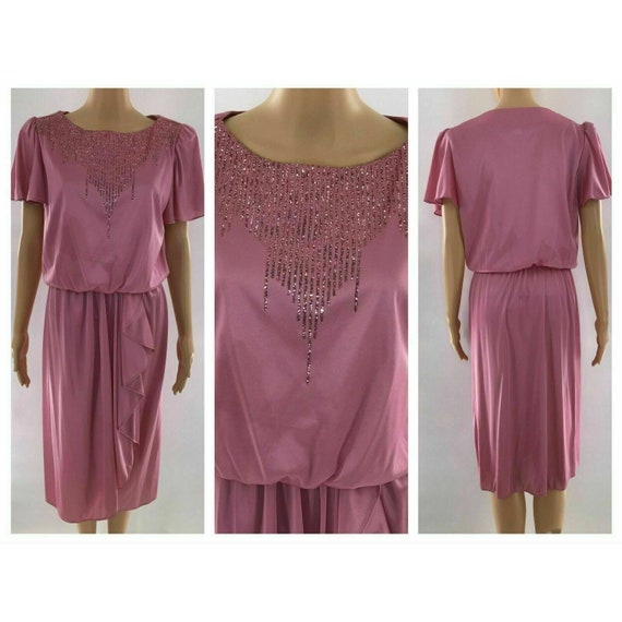 Vintage 70s 80s Jenny Pink Mauve Disco Dress 12 M… - image 1