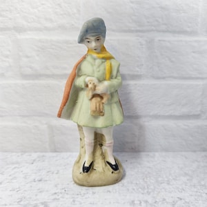 Vintage Young Boy or Girl Holding Cat Bisque Porcelain Figurine Occupied Japan, antique figurine, vintage japan figurine