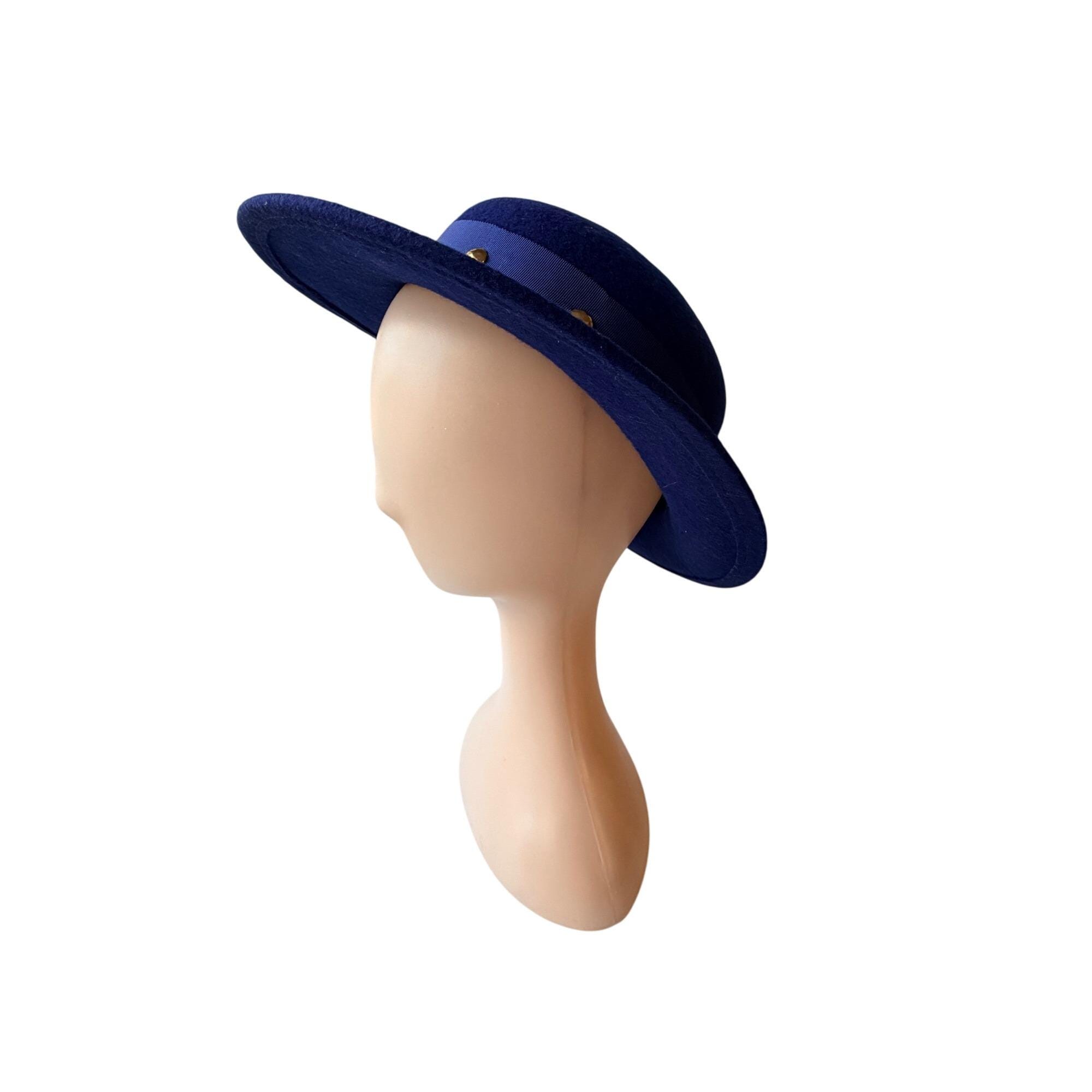 Vintage 1960s‎ Navy Wool Wide Brim Hat with Ribbon & Gold Stud Trim Elegant Vintage 1960s Navy Wool Wide Brim Hat With Ribbon & Gold  main image 4