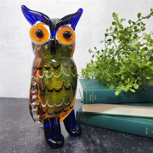 Vintage Badash Crystal Murano Style Hand Blown Art Glass Owl, Paperweight, 8.5" tall, Cobalt blue & Orange, Art Glass Paperweights