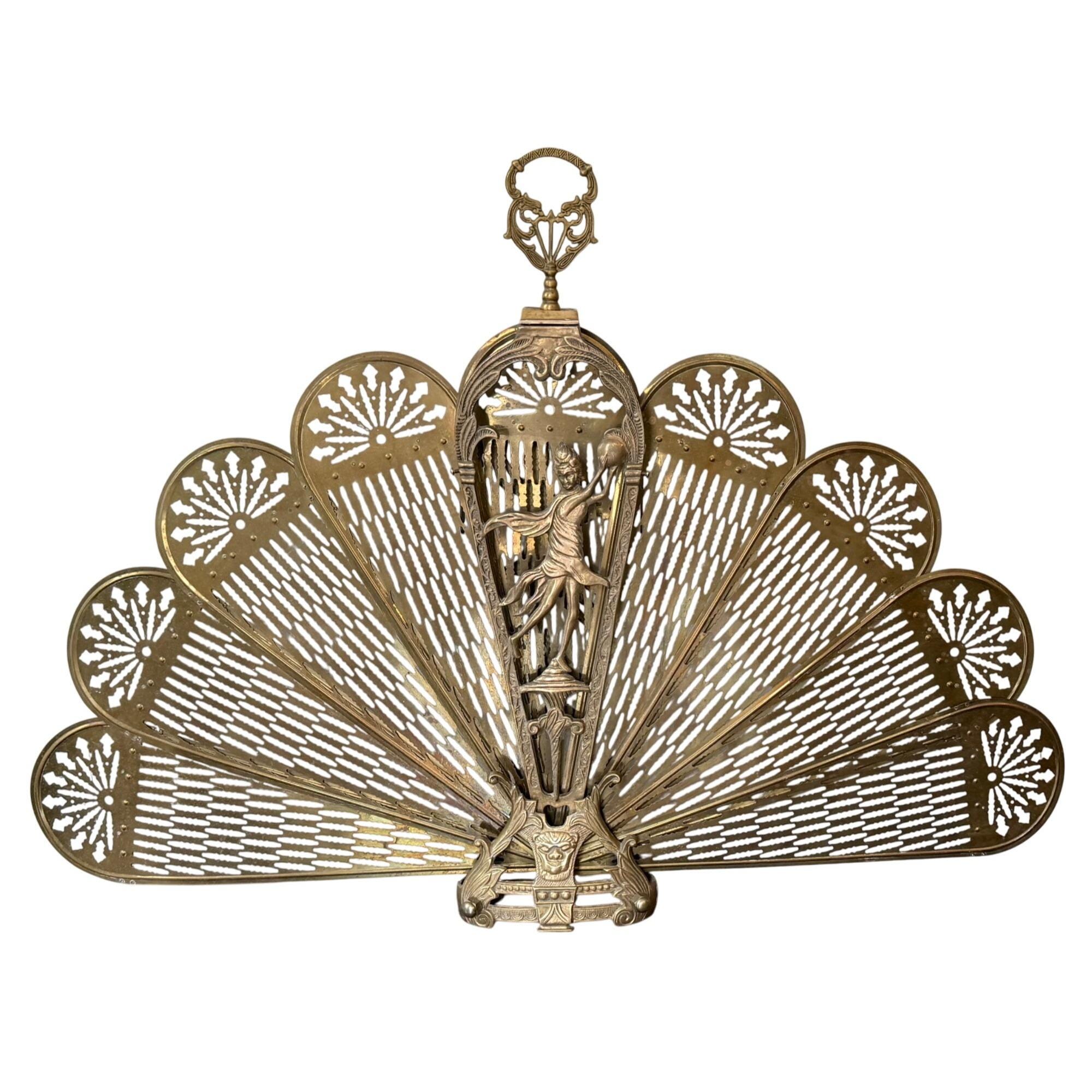 Antique Victorien Camée Laiton Paon Ventilateur de Cheminée Paravent