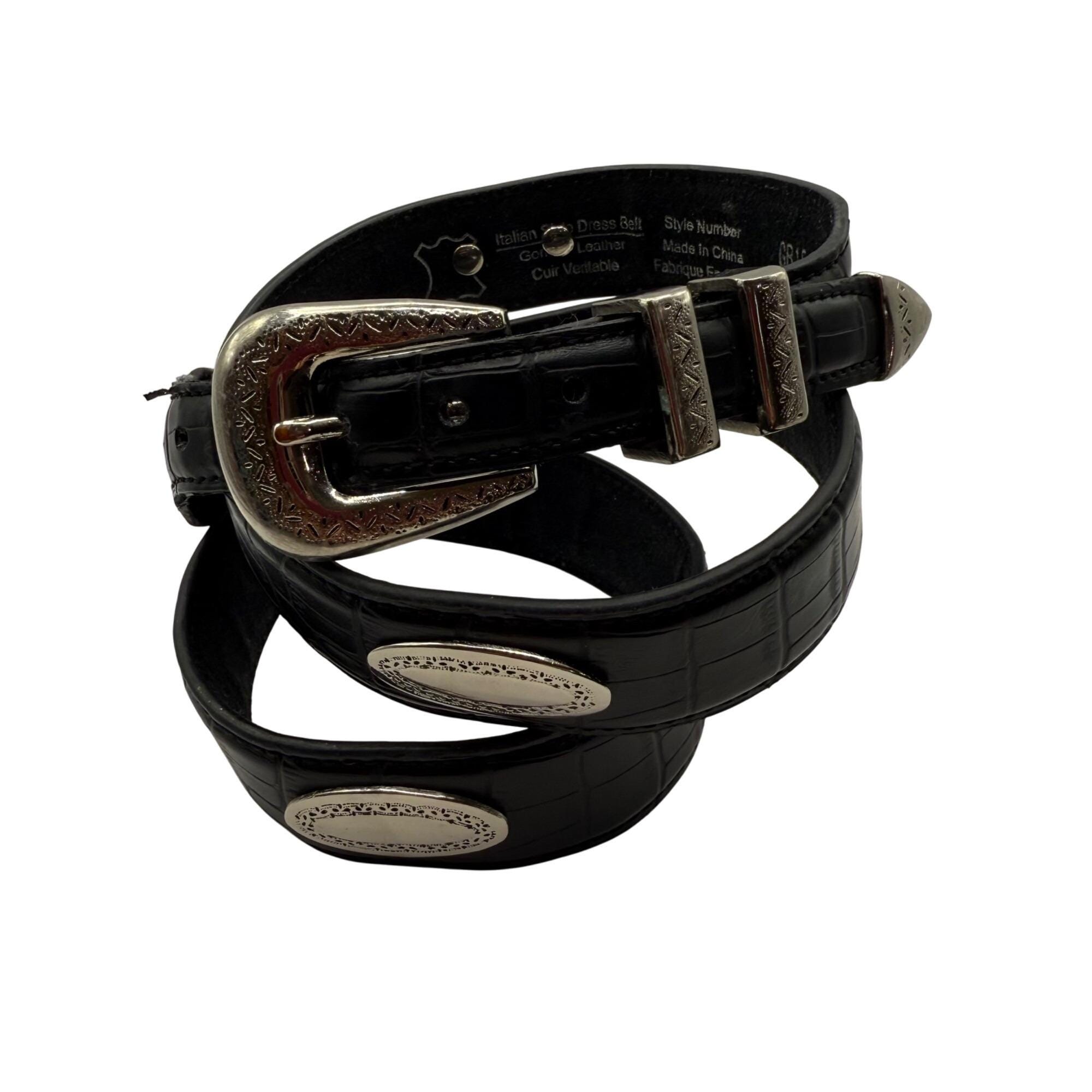 Vintage 90s Black Leather Antiqued Silver Concho Belt XL (40  display picture 2