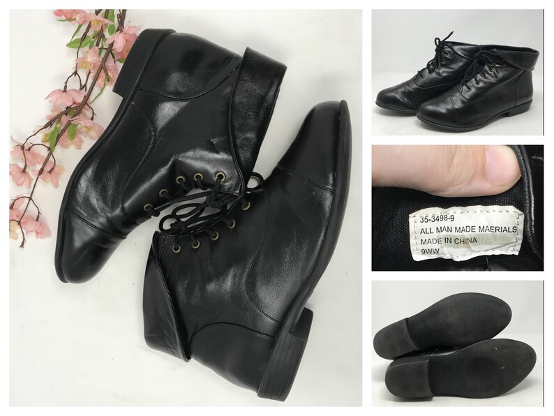 Vintage 80s Black Leather Lace Up Granny Ankle Boots Womens 9 Etsy