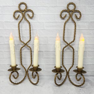 Vintage Pair Mid-Century Gold Brass Twisted Rope Wire Candle Holders MCM Candle Sconces, Set 2, Double Taper Candle Sconces, Homco?
