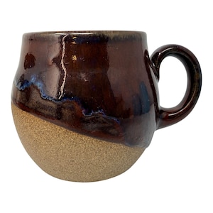 Handmade Large Studio Pottery Mug Brown Drip Glaze Peace Mark Pot Belly