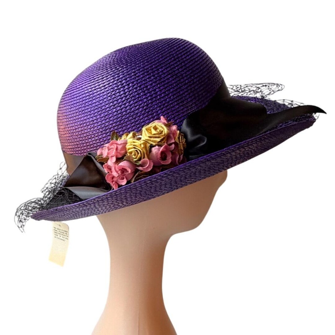 Vintage 1980s Purple Straw Hat Flowers Ribbon and Veil Trim  display picture 2