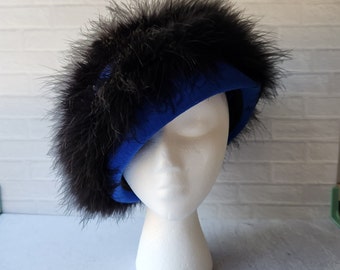 Vintage Tracy & David New York Navy Blue Wool Hat Black Feathers, Derby Hat, Formal Hat, Rockabilly, Church Hat, Wedding Hat, Costume Hat