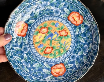 Cuenco japonés vintage de porcelana Arita Artia Ware, marca Juzan Gama, tonos de color azul, azul cobalto, naranja, amarillo, dorado, verde, flores, pájaro
