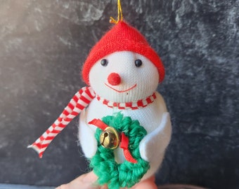 Vintage 4" Knit Fabric Snowman Ornament 1980s?  Super Cute, Christmas Tree Ornament