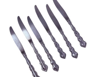 6 Vintage KNIVES Knife MOZART Oneida Stainless Steel Flatware 9" Hollow, vintage flatware, vintage tableware, Glossy, Outlined