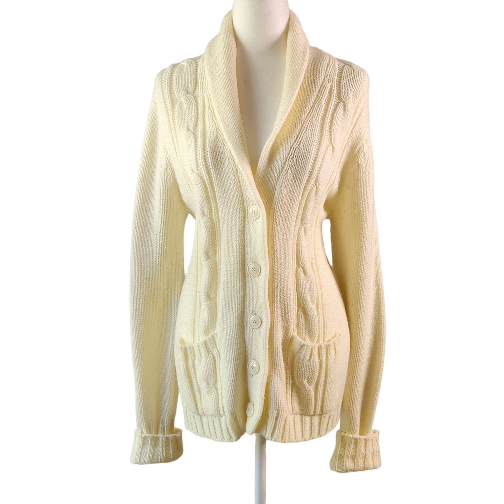 Vintage 1970s Sears Acrylic Cable Knit Button Front Ivory Vintage 1970s Sears Acrylic Cable Knit Button Front Ivory
