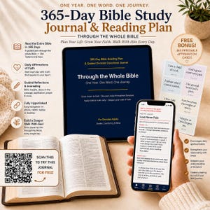May include: An image promoting a 365-Day Bible Study Journal & Reading Plan. It shows a physical journal, a tablet displaying the journal, and a smartphone with a related app. The text includes "Through the Whole Bible" and "Scan this to try this journal for free."