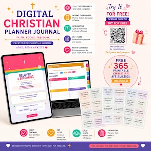 May include: Digital Christian Planner Journal with the text "Faith. Focus. Freedom." The image includes a tablet and laptop displaying planner pages, along with affirmation cards. The planner is designed for Christian women and includes habit trackers and DBT tools.