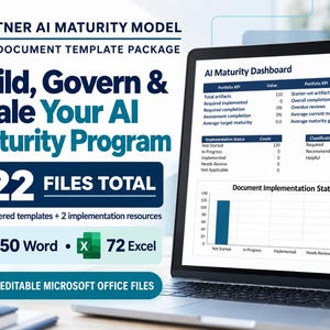 Pode incluir: Um pacote de modelos de documentos digitais intitulado Gartner AI Maturity Model, contendo 122 arquivos no total, incluindo 50 documentos Word e 72 Excel. A tela exibe um painel de maturidade de IA com KPIs de portfólio e um gráfico de barras.