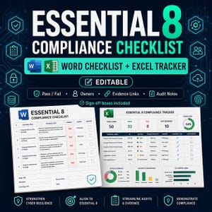 Pode incluir: Conjunto de documentos digitais Essential 8 Compliance Checklist, incluindo uma lista de verificação em Word e um rastreador em Excel. O layout inclui tabelas para áreas de controle, prioridade, proprietários e caixas de assinatura.