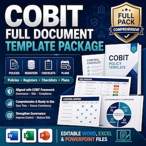 May include: A COBIT full document template package featuring a dark blue background with white text. The set includes a policy template, risk register, control matrix, and governance overview. Icons for Word, Excel, and PowerPoint are displayed at the bottom.