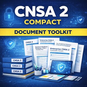 May include: A digital illustration featuring the text "CNSA 2 COMPACT DOCUMENT TOOLKIT" in white and yellow. The image includes blue binders labeled "CNSA 2", documents, a tablet, and other office supplies. A blue shield with a checkmark is also visible.