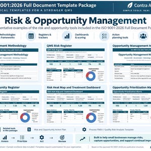 K&ouml;nnte beinhalten: Ein ISO 9001:2026 vollst&auml;ndiges Dokumentvorlagenpaket f&uuml;r Risiko- und Chancenmanagement von Contra Average. Die Grafik zeigt verschiedene QMS-Vorlagen, einschlie&szlig;lich Risikoregister, Chancenregister, Heatmaps und Priorisierungsmatrizen.