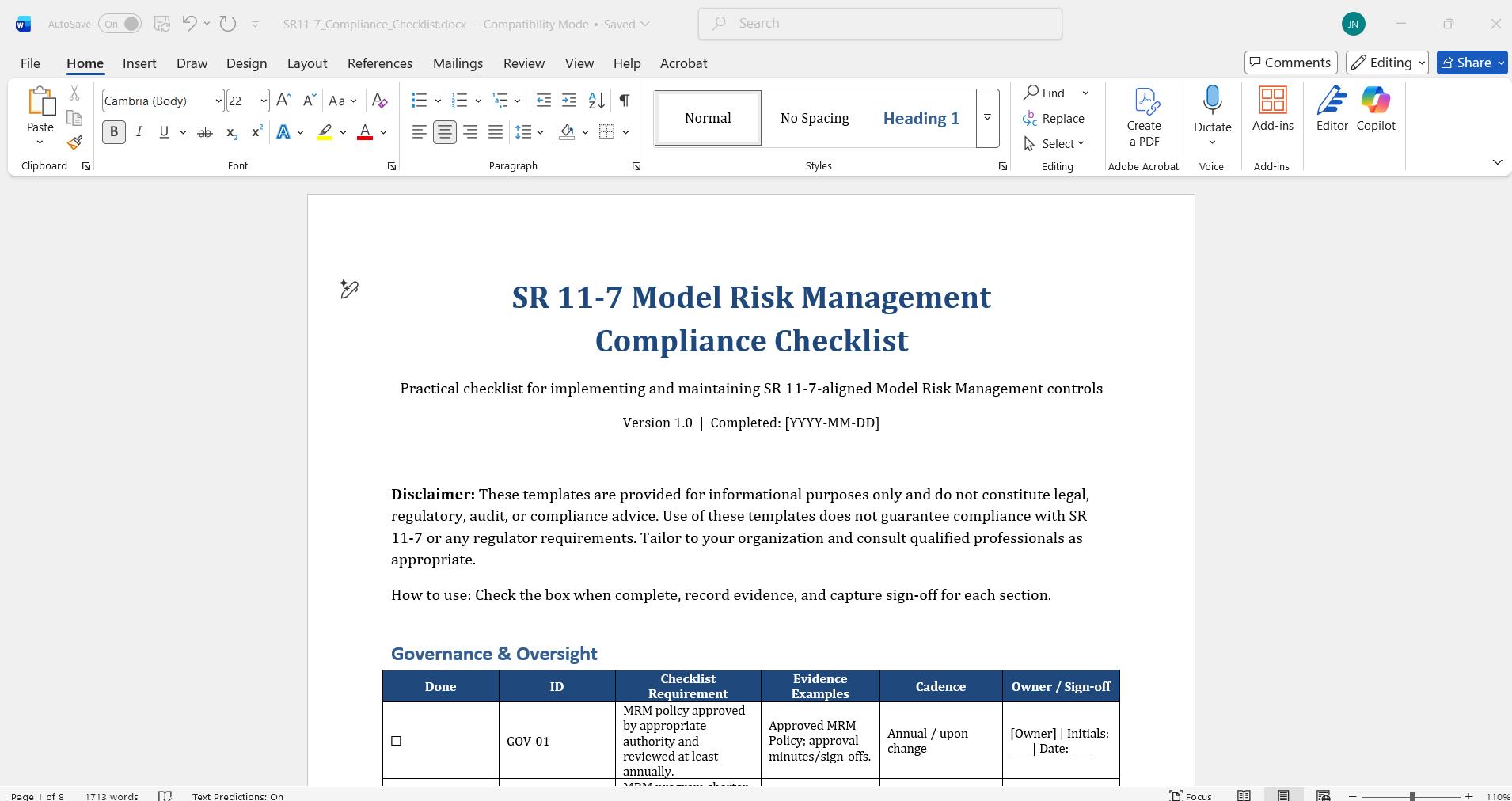 SR 11-7 Compliance Checklist | Model Risk Management (MRM) Checklist ...