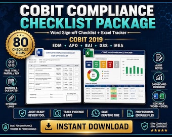 COBIT Compliance Checklist Package, IT Governance Audit Readiness (Word, Excel)