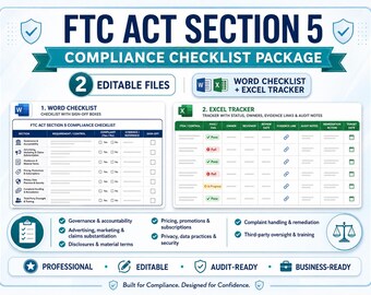 FTC Act Section 5 Compliance Checklist, Consumer Protection Audit Tracker (Digital Download)