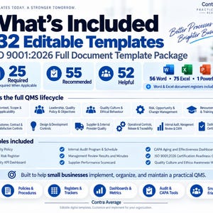 K&ouml;nnte beinhalten: Ein digitales Dokumentenpaket mit dem Titel What's Included 132 Editable Templates ISO 9001:2026 Full Document Template Package. Es enth&auml;lt 25 erforderliche, 55 empfohlene und 52 hilfreiche Vorlagen, darunter 56 Word-, 75 Excel- und 1 PowerPoint-Datei.