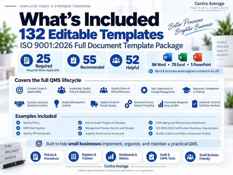 K&ouml;nnte beinhalten: Ein digitales Dokumentenpaket mit dem Titel What's Included 132 Editable Templates ISO 9001:2026 Full Document Template Package. Es enth&auml;lt 25 erforderliche, 55 empfohlene und 52 hilfreiche Vorlagen, darunter 56 Word-, 75 Excel- und 1 PowerPoint-Datei.