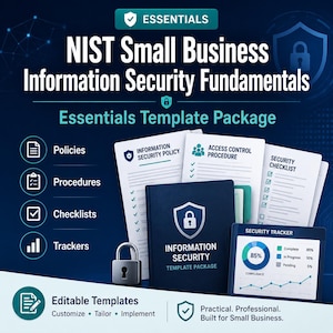 Może przedstawiać: Obraz promocyjny dla pakietu szablonów NIST Small Business Information Security Fundamentals. Obraz zawiera dokumenty oznaczone jako "Polityki", "Procedury", "Listy kontrolne" i "Trackery". Śledzenie bezpieczeństwa pokazuje 85% zgodności.