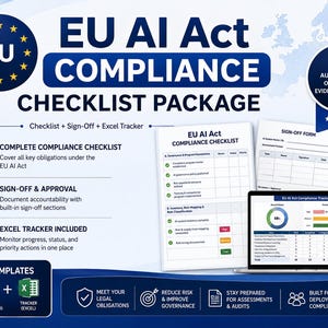 Op de afbeelding: Een EU AI Act compliance checklist pakket met een checklist, ondertekeningsformulier en Excel-tracker. De afbeelding toont een laptop met een compliance dashboard, iconen voor documentatie en tekst over de voorbereiding op audits.