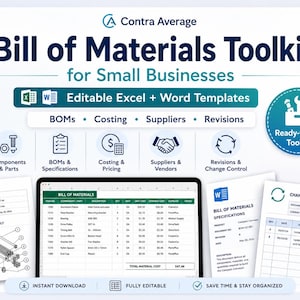 May include: A digital Bill of Materials Toolkit for small businesses featuring editable Excel and Word templates. The graphic displays icons for components, costing, suppliers, and revisions, alongside document previews for BOM summaries and change control forms.