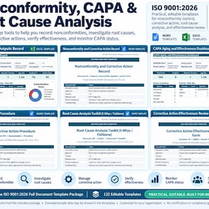 K&ouml;nnte beinhalten: Ein digitales Dokumentenvorlagen-Set f&uuml;r ISO 9001:2026 Nichtkonformit&auml;t, CAPA und Ursachenanalyse. Enth&auml;lt Word- und Excel-Dateien f&uuml;r Aufzeichnungen, Dashboards, Verfahren und Toolkits mit blau-wei&szlig;em Text, Diagrammen und Symbolen f&uuml;r Qualit&auml;tsmanagement.