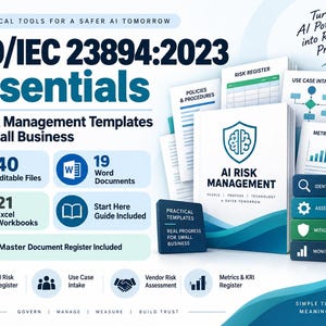 Könnte beinhalten: Ein digitales Produktpaket für ISO/IEC 23894:2023 KI-Risikomanagement, bestehend aus 40 bearbeitbaren Dateien, 19 Word-Dokumenten, 21 Excel-Arbeitsmappen und einem Leitfaden. Die Grafik zeigt Dokumentenstapel, Symbole und Textbeschriftungen.