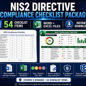 Peut inclure: Un pack de liste de contrôle de conformité à la directive NIS2 comprenant 54 éléments aux formats Word et Excel. Le graphique affiche un modèle de document, un tableau de bord de suivi de conformité avec des graphiques et des icônes.