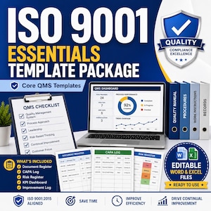 May include: An image promoting an ISO 9001 Essentials Template Package. It shows a laptop with a QMS dashboard, a checklist, and binders labelled "Quality Manual", "Procedures", "Work Instructions", and "Records". The package includes editable Word and Excel files.