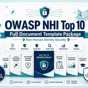 May include: A digital document template package titled OWASP NHI Top 10 Non-Human Identity Security. It features a central security policy binder surrounded by various document icons, including policies, standards, runbooks, audit tools, and training kits.