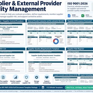 K&ouml;nnte beinhalten: Ein digitales Dokumentenvorlagenpaket f&uuml;r das Qualit&auml;tsmanagement von Lieferanten und externen Anbietern nach ISO 9001:2026. Enth&auml;lt Word- und Excel-Vorlagen f&uuml;r Kontrollverfahren, Leistungs-Scorecards, Risikoregister und Onboarding.