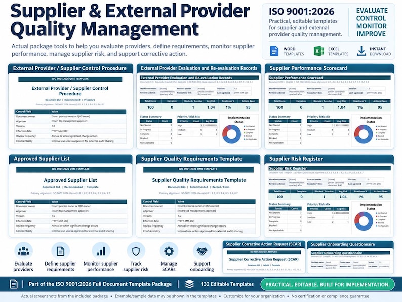 K&ouml;nnte beinhalten: Ein digitales Dokumentenvorlagenpaket f&uuml;r das Qualit&auml;tsmanagement von Lieferanten und externen Anbietern nach ISO 9001:2026. Enth&auml;lt Word- und Excel-Vorlagen f&uuml;r Kontrollverfahren, Leistungs-Scorecards, Risikoregister und Onboarding.