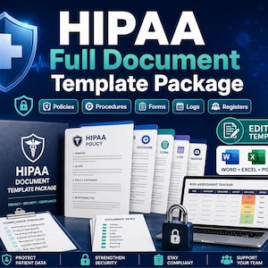 May include: A HIPAA Full Document Template Package featuring a dark blue binder, multiple document pages, and a laptop displaying a risk assessment tracker. The set includes icons for policies, procedures, forms, logs, and registers with editable Word, Excel, and PowerPoint files.