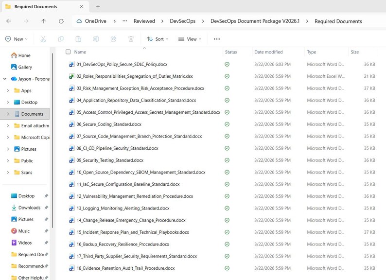 Pakiet szablonów dokumentów DevSecOps, pakiet zasad bezpiecznego cyklu życia oprogramowania (SDLC), zestaw narzędzi DevSecOps, dokumenty dotyczące zgodności z przepisami bezpieczeństwa, pakiet gotowości do audytu zdjęcie 10