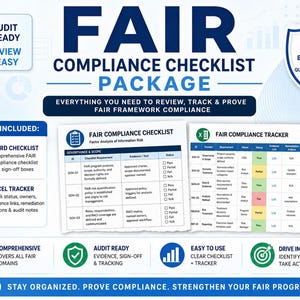 Könnte beinhalten: Ein FAIR-Compliance-Checklisten-Paket mit einer Word-Checkliste und einem Excel-Tracker. Das Dokument zeigt eine FAIR-Compliance-Checklistentabelle und eine FAIR-Compliance-Trackertabelle mit Spalten für ID, Bereich, Anforderung, Eigentümer, Status, Nachweislink, Abhilfemaßnahmen, Zieldatum und Notizen. Der Text enthält Audit Ready, Built for Cyber Risk Quantification Success und Everything You Need to Review, Track & Prove FAIR Framework Compliance.