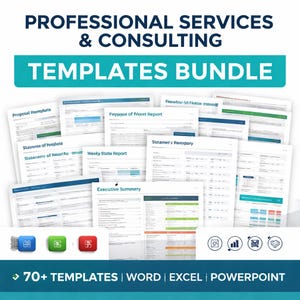May include: A bundle of business templates for professional services and consulting. The image features various document layouts, including proposals and reports. Text includes "Templates Bundle" and "70+ Templates | Word | Excel | PowerPoint."