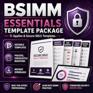 Puede incluir: Gráfico promocional para un paquete de plantillas. La imagen presenta el texto "BSIMM Essentials Template Package" en blanco y rosa. Incluye plantillas editables, listas de verificación y descarga instantánea. También hay un icono de escudo con un candado.