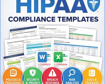 HIPAA-bundel sjablonen voor nalevingsdocument (privacy + beveiliging + inbreuk) | Beleid, procedures, logboeken en registers | Bewerkbaar Word + Excel