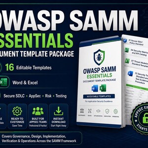 May include: A digital document template package titled OWASP SAMM ESSENTIALS, featuring 16 editable Word and Excel files for application security. The graphic displays a white binder, document previews, and icons for governance, design, and testing.