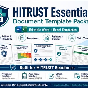 Peut inclure: Un pack de modèles de documents HITRUST Essentials comprenant des fichiers Word et Excel modifiables. Le graphique affiche des icônes pour les politiques, procédures, registres et suivis, avec des exemples comme une politique de sécurité de l'information.